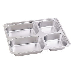 Plateau repas en inox 4 compartiments avec couvercle en plastique PP  280x220, H40 mm, 10pcs