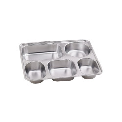 Plateau repas en inox 5 compartiments avec couvercle en plastique PP  280x220, H40 mm, 10pcs