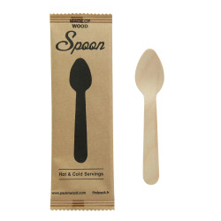 Cuillère café bois, emballage papier kraft  /  Wooden coffee spoon, kraft wrap H110 mm, 50pcs