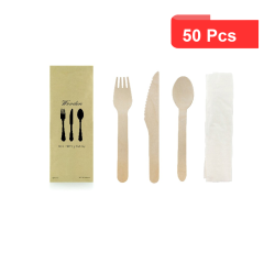 50 Pcs - Kit couverts bois 4/1: couteau fourchette cuillère serviette, emballage kraft 16,5 cm